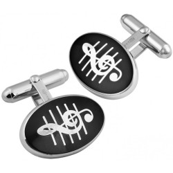 Treble Clef Torpedo Cufflinks 925 Sterling Silver English Hallmarks Set With Black Enamel