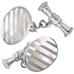 Oval Striped Chain Link Cufflinks 925 Sterling Silver English Hallmarks Set With Mother of Pearl
