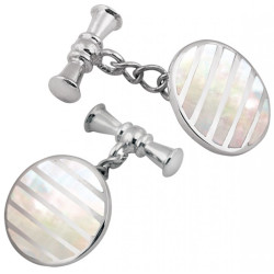 Round Striped Chain Link Cufflinks 925 Sterling Silver English Hallmarks Set With Mother of Pearl