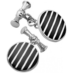 Round Striped Chain Link Cufflinks 925 Sterling Silver English Hallmarks Set With Black Onyx