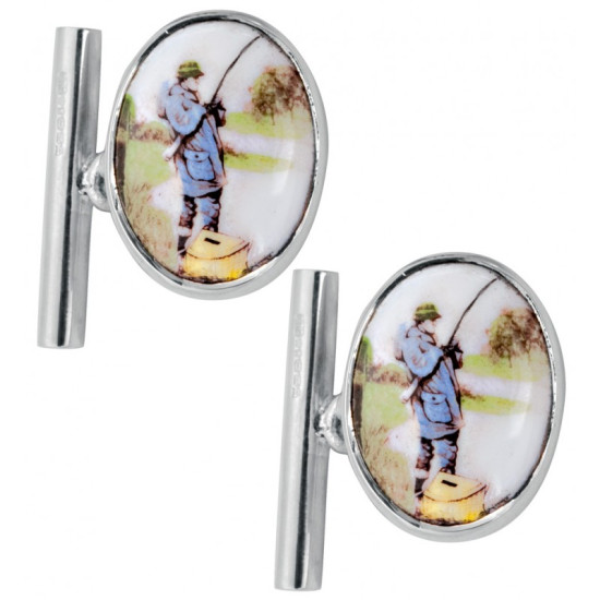 Fishing Chain Link Cufflinks 925 Sterling Silver English Hallmarks Set With Hand Painted Enamel