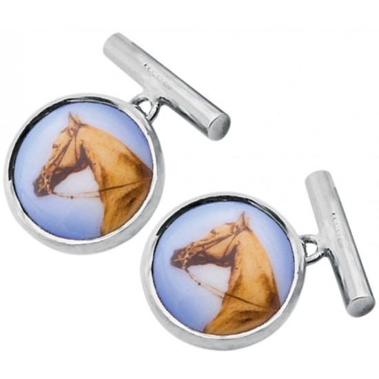 Horse Chain Link Cufflinks 925 Sterling Silver English Hallmarks Set With Hand Painted Enamel