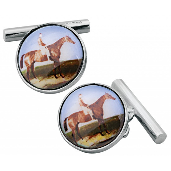 Horse Rider Chain Link Cufflinks 925 Sterling Silver English Hallmarks Set With Hand Painted Enamel