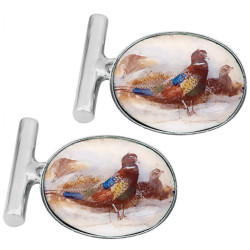 Pheasant Chain Link Cufflinks 925 Sterling Silver English Hallmarks Set With Hand Painted Enamel
