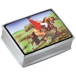 Hunting Scene Pill Box 925 Sterling Silver English Hallmarks Set with Hand Painted Enamel