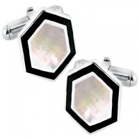 CU380 Ari D Norman Sterling Silver Hexagonal Mother of Pearl and Black Enamel Cufflinks