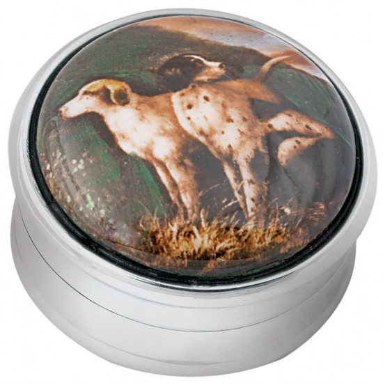 Two Dogs Pill Box 925 Sterling Silver English Hallmarks Set with Hand Painted Enamel