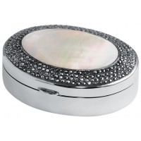 PB222   Ari D Norman Sterling Silver Marcasite And Mother Of Pearl Oval Pill Box