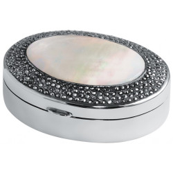 Oval Pill Box 925 Sterling Silver English Hallmarks Set with Mother of Pearl and Marcasite