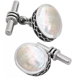 Oval Chain Link Cufflinks 925 Sterling Silver English Hallmarks Set With Mother of Pearl