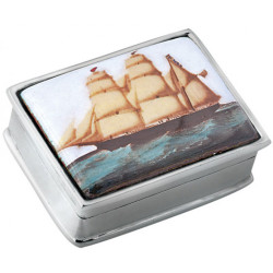 Sailing Ship Pill Box 925 Sterling Silver English Hallmarks Set with Hand Painted Enamel