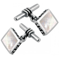 Rectangular Chain Link Cufflinks 925 Sterling Silver English Hallmarks Set With Mother of Pearl