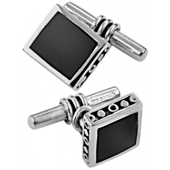 Rectangular Chain Link Cufflinks 925 Sterling Silver English Hallmarks Set With Black Onyx