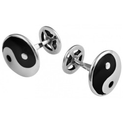 Yin and Yang Fixed Post Cufflinks 925 Sterling Silver English Hallmarks Set With Black Enamel