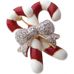 Christmas Candy Canes Pin Brooch Gold Plated Metal Alloy Set With Enamel and Sparkling Austrian Crystals